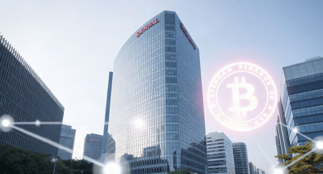 Shinhan Financial Group headquarters in Seoul with digital stablecoin and payment network overlay