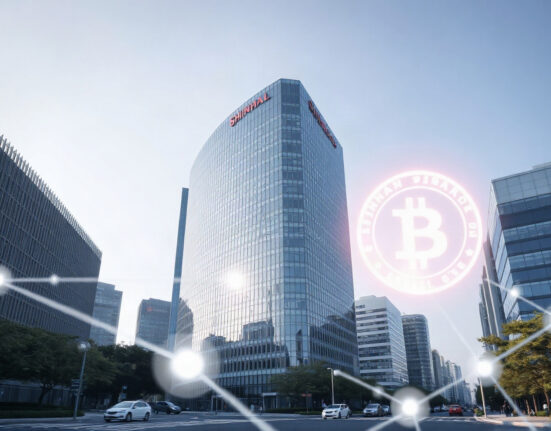 Shinhan Financial Group headquarters in Seoul with digital stablecoin and payment network overlay