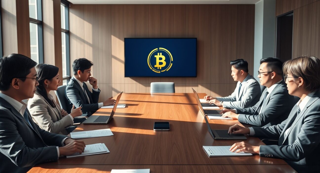 Financial executives in a Seoul boardroom discussing a won-denominated stablecoin project.