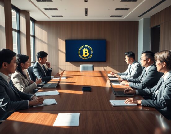 Financial executives in a Seoul boardroom discussing a won-denominated stablecoin project.