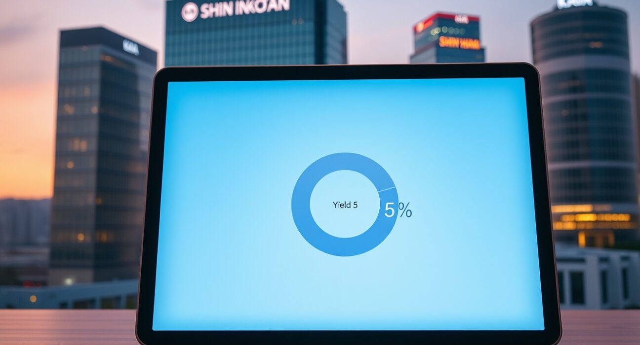 Digital tablet showing Yield5 pie chart with 5% annotation in a modern Seoul financial office
