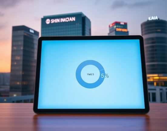Digital tablet showing Yield5 pie chart with 5% annotation in a modern Seoul financial office