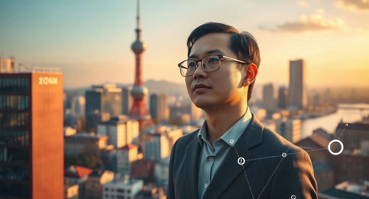Financial analyst viewing a holographic chart with blockchain nodes in Seoul, symbolizing Shinhan's tokenized fund partnership with Plume Network.