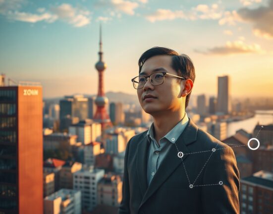 Financial analyst viewing a holographic chart with blockchain nodes in Seoul, symbolizing Shinhan's tokenized fund partnership with Plume Network.