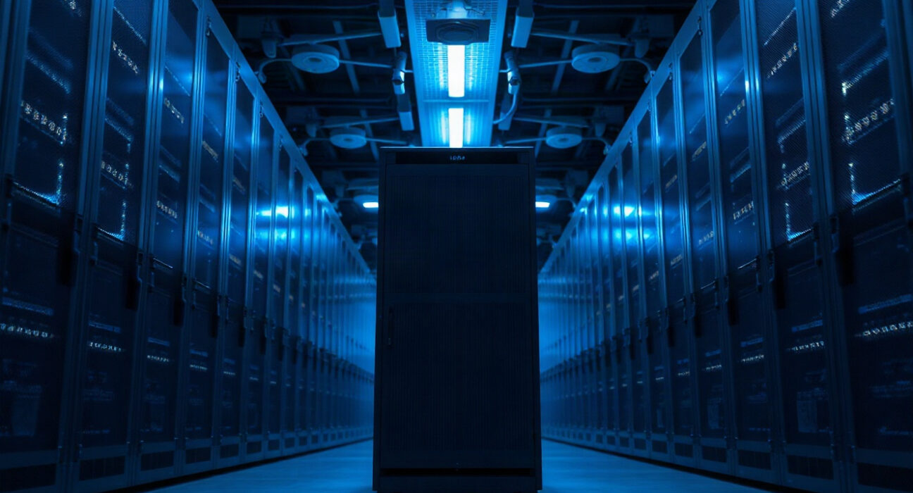 Data center server racks with one offline indicator, representing the end of IPFS operations.