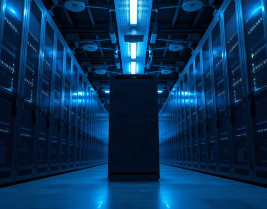 Data center server racks with one offline indicator, representing the end of IPFS operations.