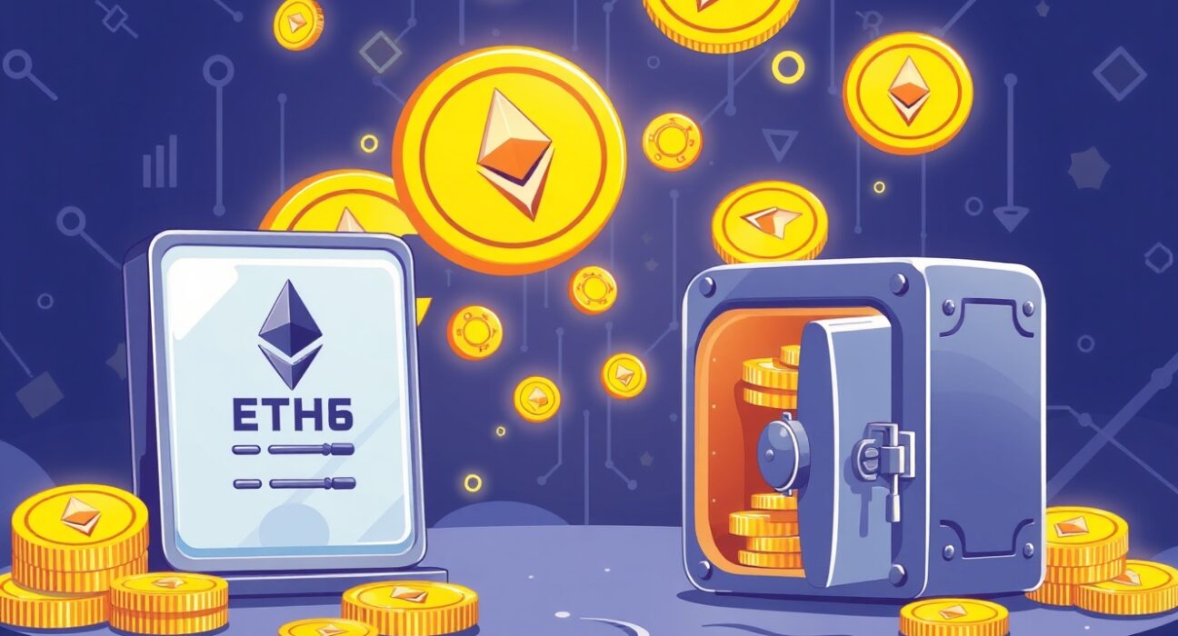 Cartoon showing a large Bitmain ETH withdrawal from crypto exchanges into a secure digital wallet, highlighting significant on-chain movement.