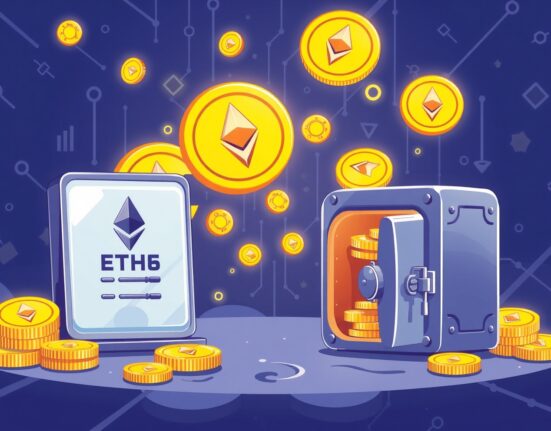 Cartoon showing a large Bitmain ETH withdrawal from crypto exchanges into a secure digital wallet, highlighting significant on-chain movement.