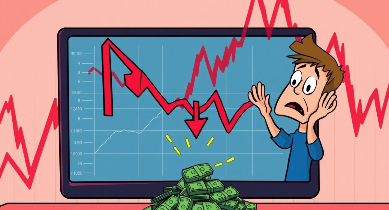 A cartoon trader looks shocked as a significant crypto futures liquidation event unfolds on a screen, depicting rapid market volatility.