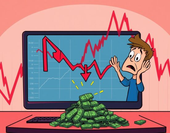 A cartoon trader looks shocked as a significant crypto futures liquidation event unfolds on a screen, depicting rapid market volatility.