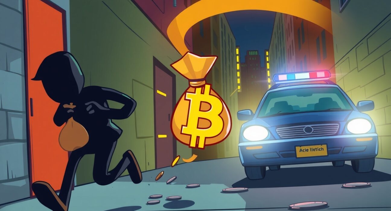Cartoon showing police pursuing suspects involved in a $50.7K crypto-lure theft, emphasizing the dangers of online scams.
