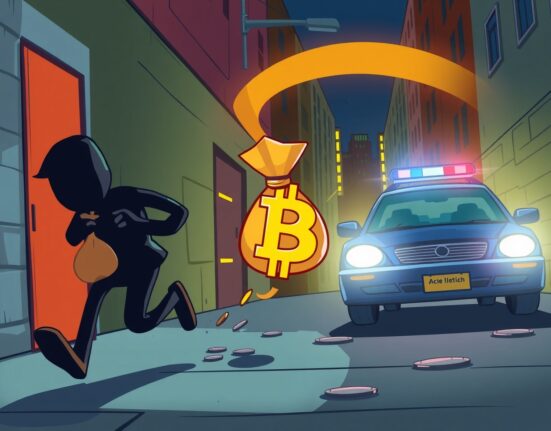 Cartoon showing police pursuing suspects involved in a $50.7K crypto-lure theft, emphasizing the dangers of online scams.