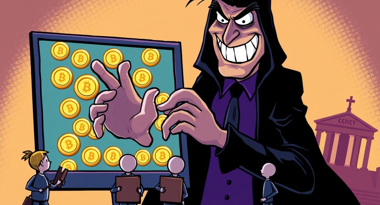 Cartoon showing victims affected by a large crypto scam, with a shadowy figure and legal symbols representing justice.