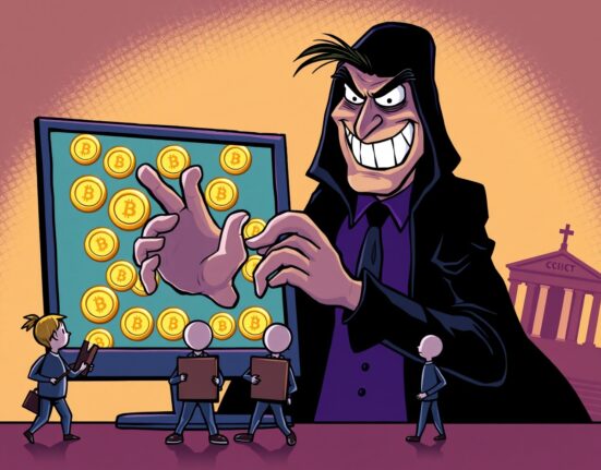 Cartoon showing victims affected by a large crypto scam, with a shadowy figure and legal symbols representing justice.