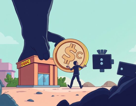 Cartoon showing a massive USDC transfer from a crypto exchange to an unknown wallet, highlighting the scale of the transaction.