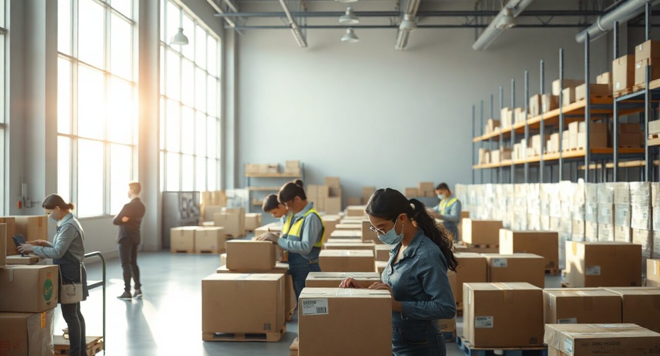 Workers packing and scanning orders in a bright e-commerce warehouse, illustrating Shopify's AI-driven sales growth.