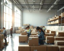 Workers packing and scanning orders in a bright e-commerce warehouse, illustrating Shopify's AI-driven sales growth.