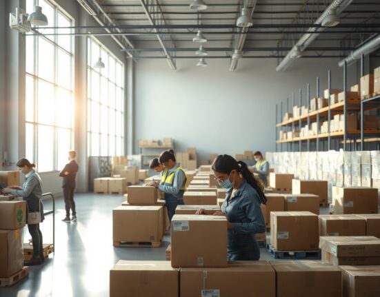 Workers packing and scanning orders in a bright e-commerce warehouse, illustrating Shopify's AI-driven sales growth.