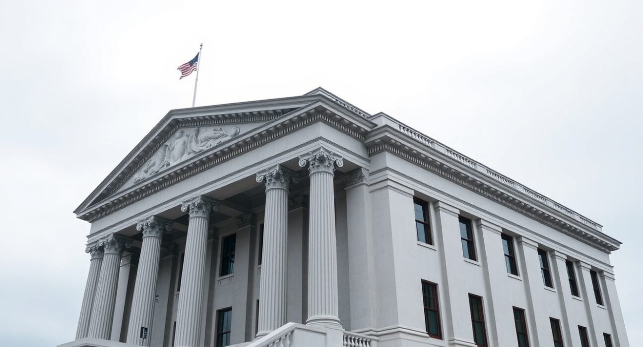 U.S. Treasury building in Washington, D.C., on a cloudy day, representing bond market uncertainty and Fed policy fears.