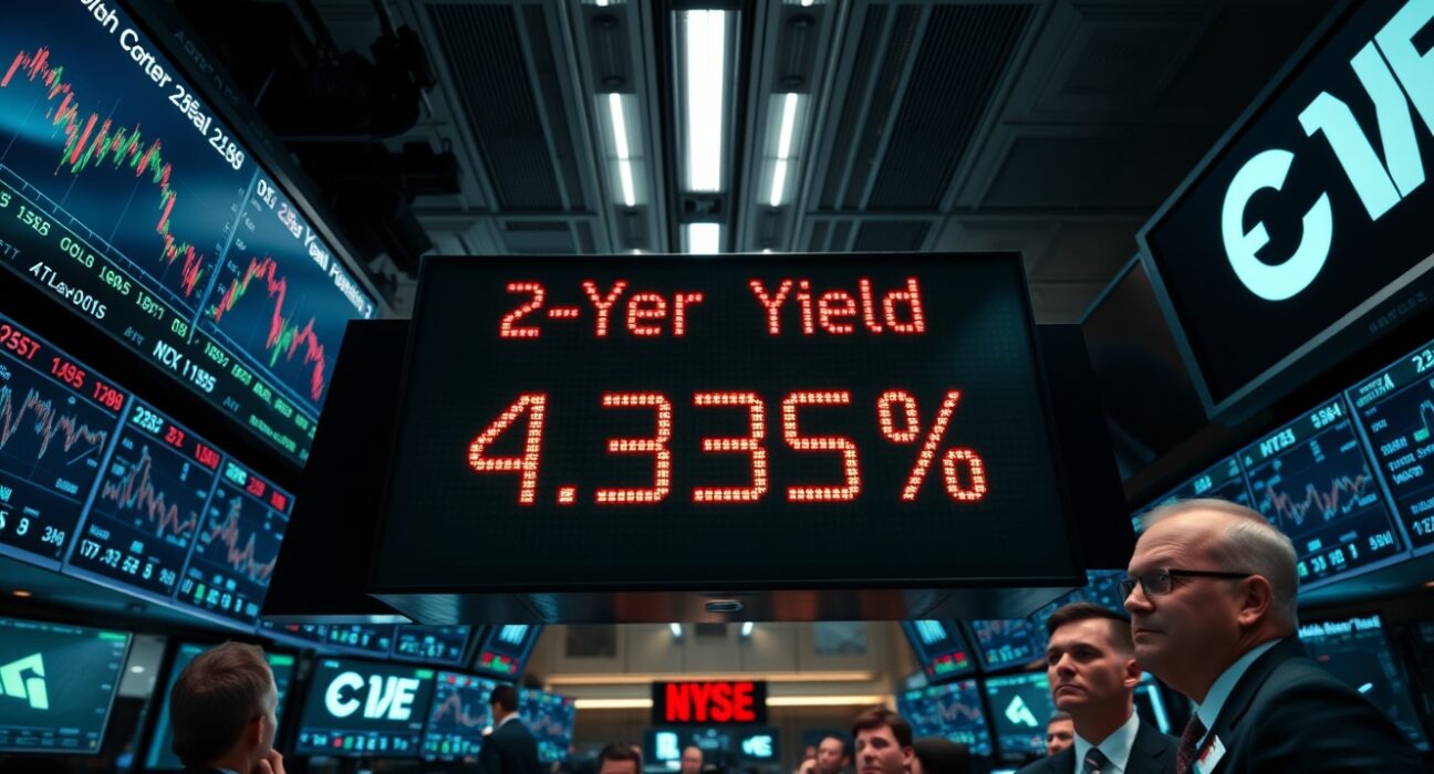 Financial trading floor with monitors showing rising short-dated Treasury yields and bond market data