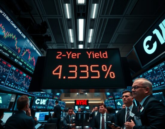 Financial trading floor with monitors showing rising short-dated Treasury yields and bond market data
