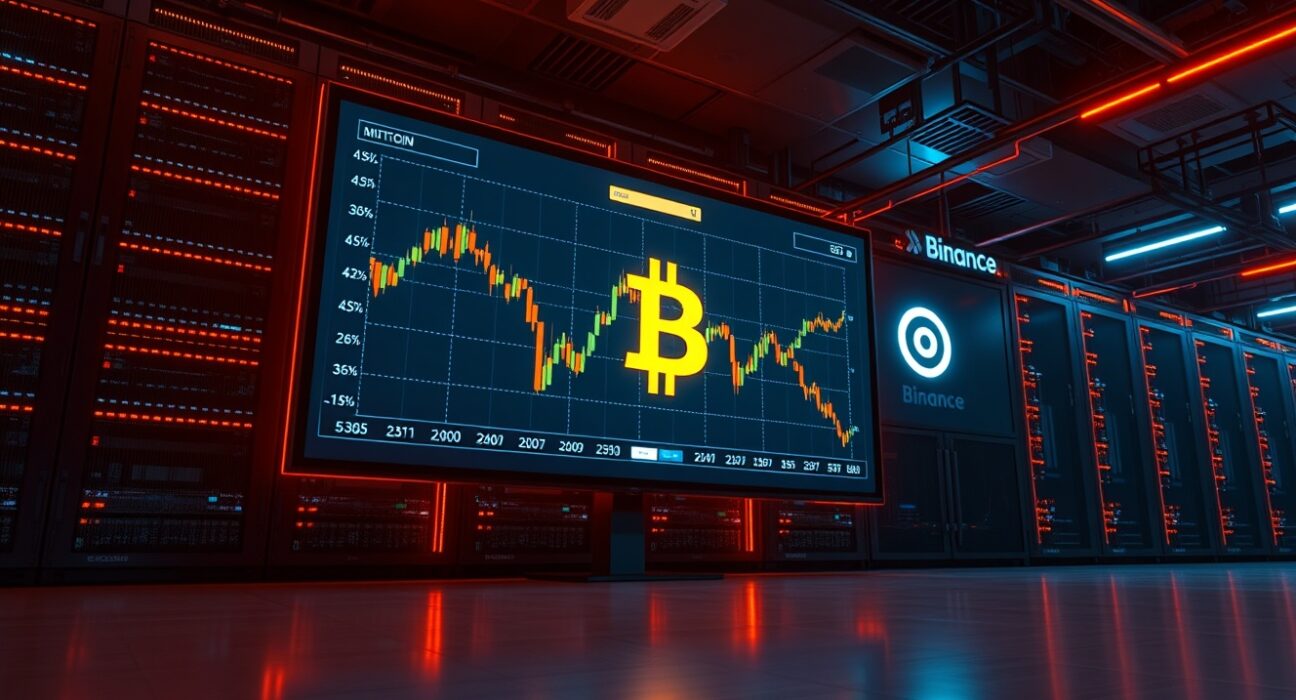 Bitcoin price chart on a large screen in a data center, representing on-chain analysis and exchange inflows.