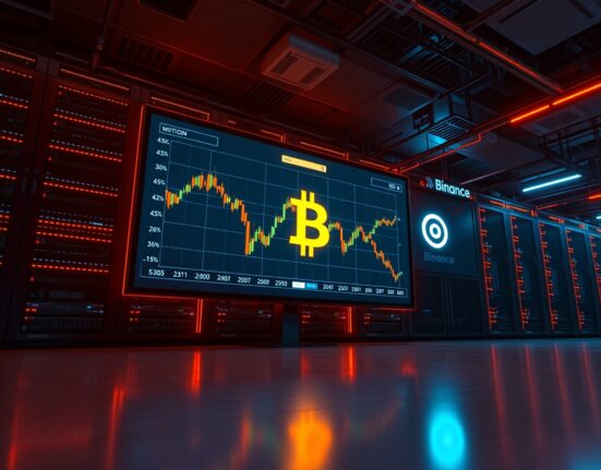Bitcoin price chart on a large screen in a data center, representing on-chain analysis and exchange inflows.