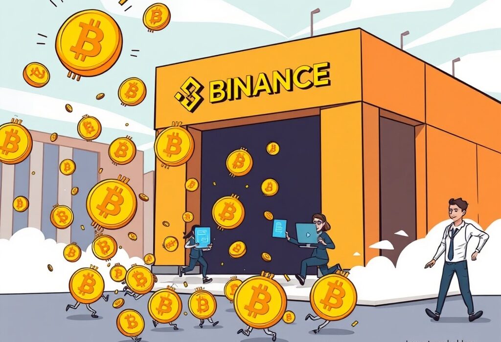 A cartoon showing dynamic Short-Term Bitcoin Holders quickly moving BTC into the Binance Exchange, highlighting active trading.