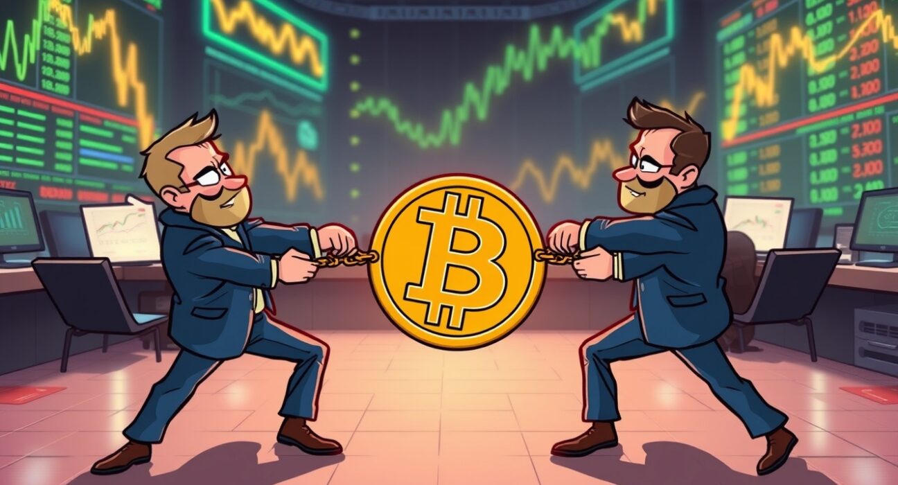 Cartoon illustration showing shorts gaining an edge in BTC perpetual futures trading.