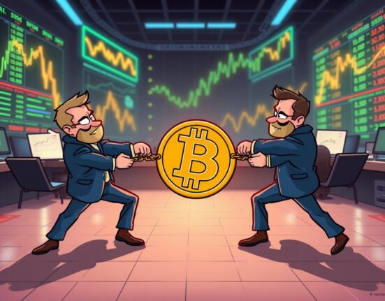 Cartoon illustration showing shorts gaining an edge in BTC perpetual futures trading.