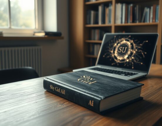The controversial AI-generated novel Shy Girl on a desk next to a laptop, representing the publishing crisis.