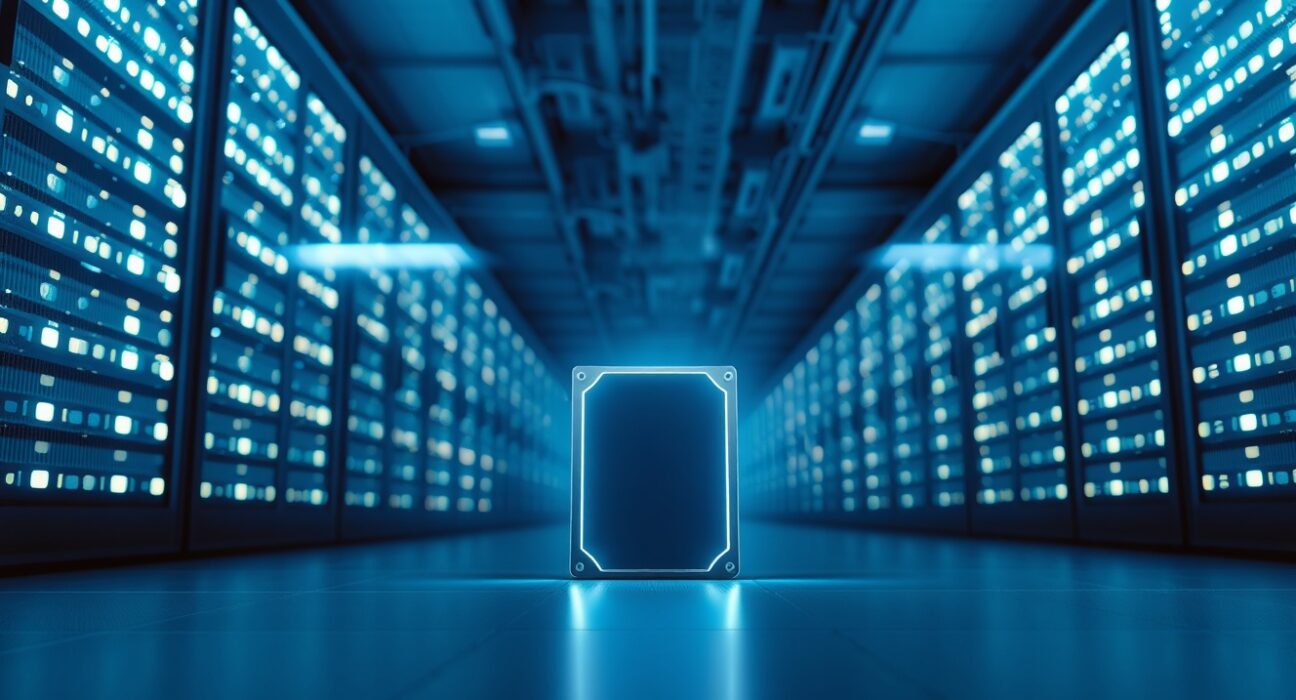 Glowing hard drive in a modern data center representing decentralized cloud storage and Siacoin.