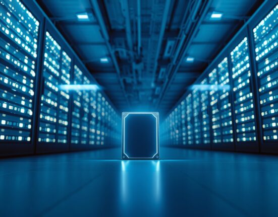 Glowing hard drive in a modern data center representing decentralized cloud storage and Siacoin.