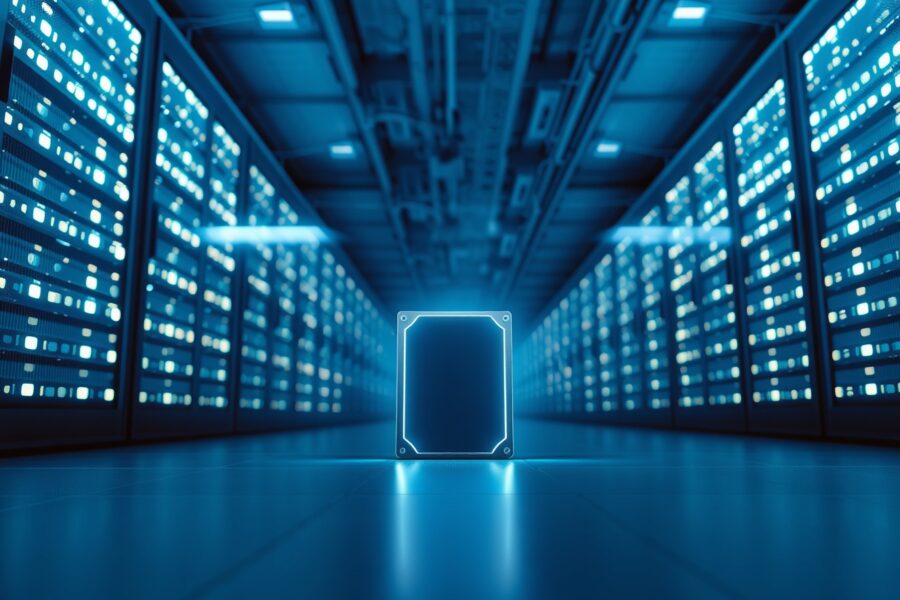 Glowing hard drive in a modern data center representing decentralized cloud storage and Siacoin.