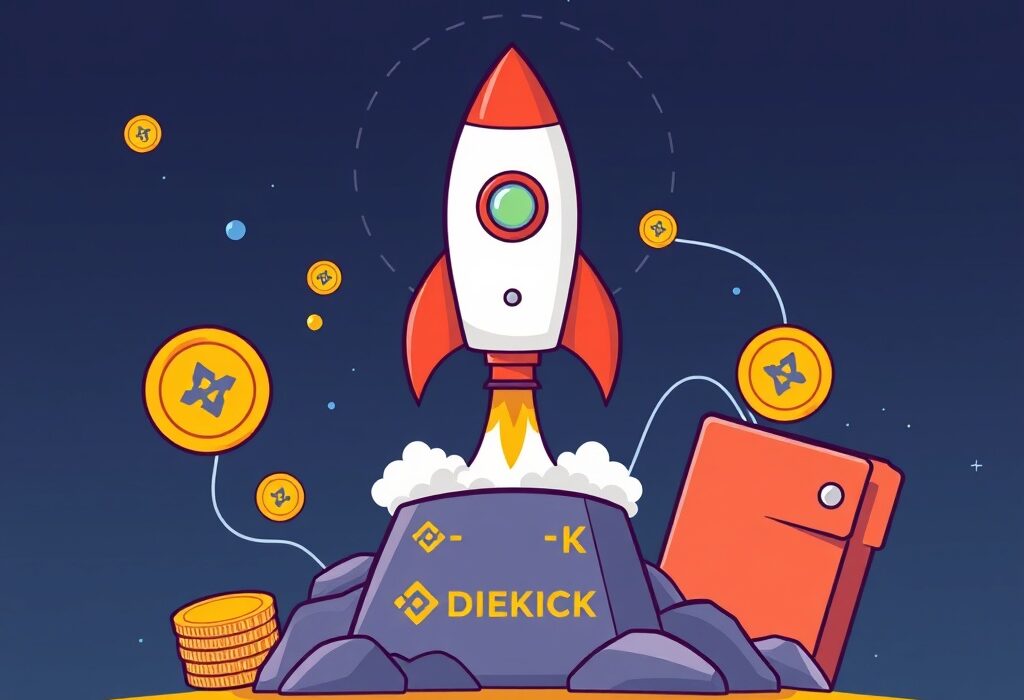 A cartoon rocket representing the Sidekick (K) listing blasts off from a Binance Alpha platform, symbolizing its launch and integration.