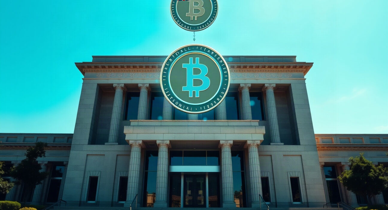 Government building with digital blockchain overlay representing sovereign stablecoin issuance