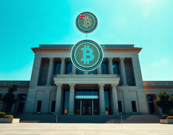 Government building with digital blockchain overlay representing sovereign stablecoin issuance