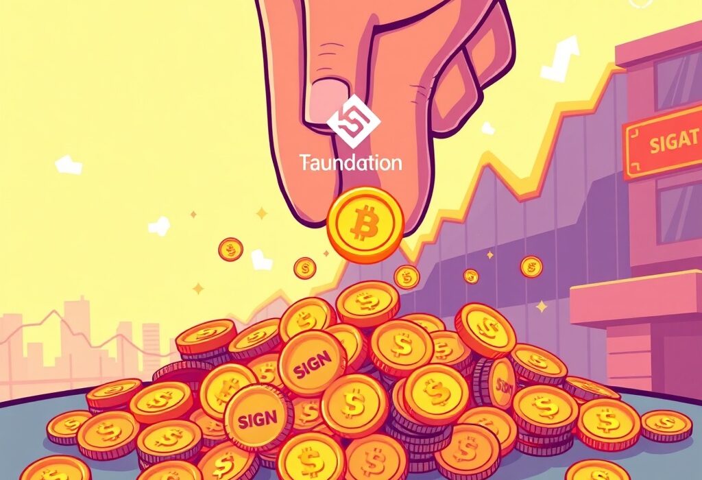 A vibrant cartoon illustration depicting the Sign Foundation buyback, showing tokens being reacquired, symbolizing increased value and confidence in the SIGN digital asset.