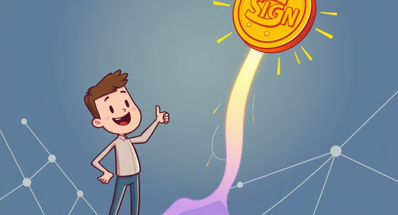 Cartoon showing a SIGN price surge with a digital coin rising rapidly, symbolizing the project's growth and market excitement.