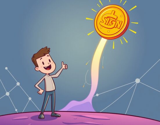 Cartoon showing a SIGN price surge with a digital coin rising rapidly, symbolizing the project's growth and market excitement.