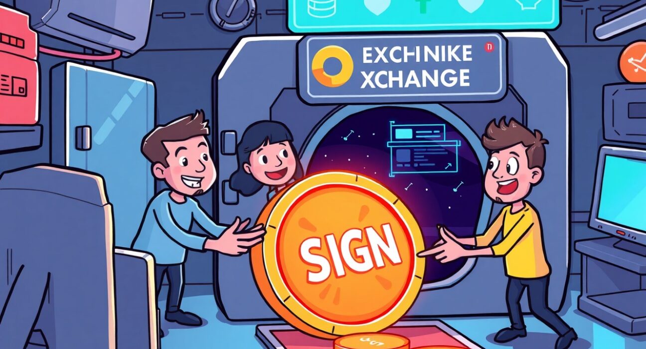 Cartoon illustration of the Sign team making a major cryptocurrency deposit to an exchange.