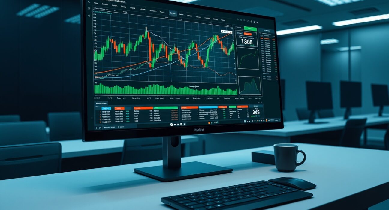 A professional trading desk with a monitor displaying crypto derivatives charts, representing SignalPlus's institutional trading platform.