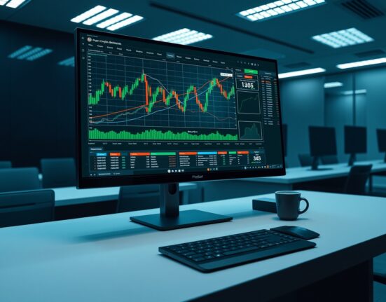 A professional trading desk with a monitor displaying crypto derivatives charts, representing SignalPlus's institutional trading platform.
