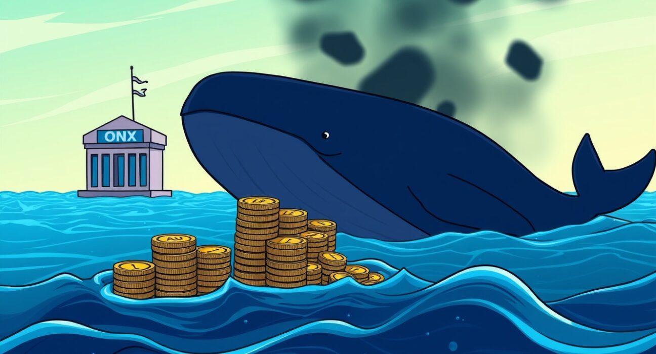 Cartoon illustration of a LINK whale making a significant sale of Chainlink tokens, impacting the crypto market.