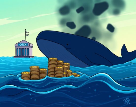 Cartoon illustration of a LINK whale making a significant sale of Chainlink tokens, impacting the crypto market.
