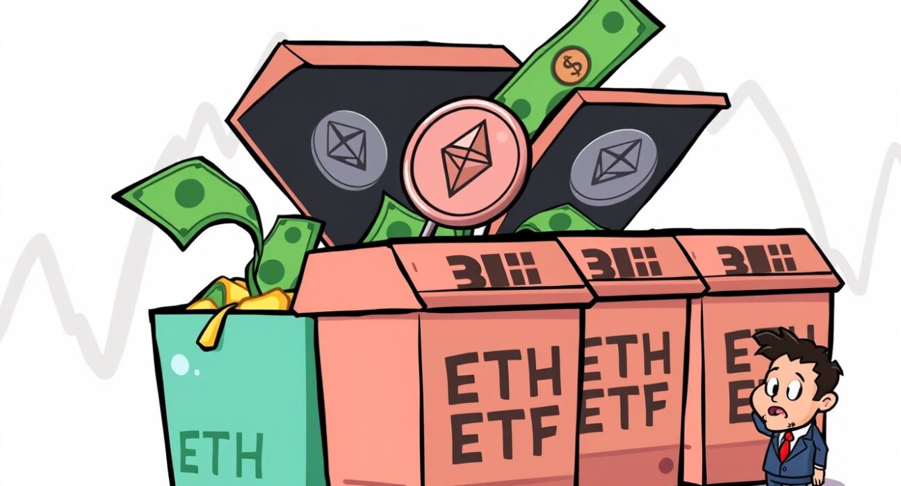 A cartoon investor observing significant outflows from various Spot ETH ETFs, illustrating recent market trends.