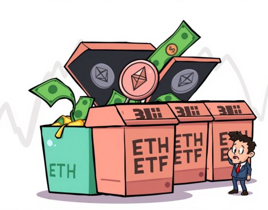A cartoon investor observing significant outflows from various Spot ETH ETFs, illustrating recent market trends.