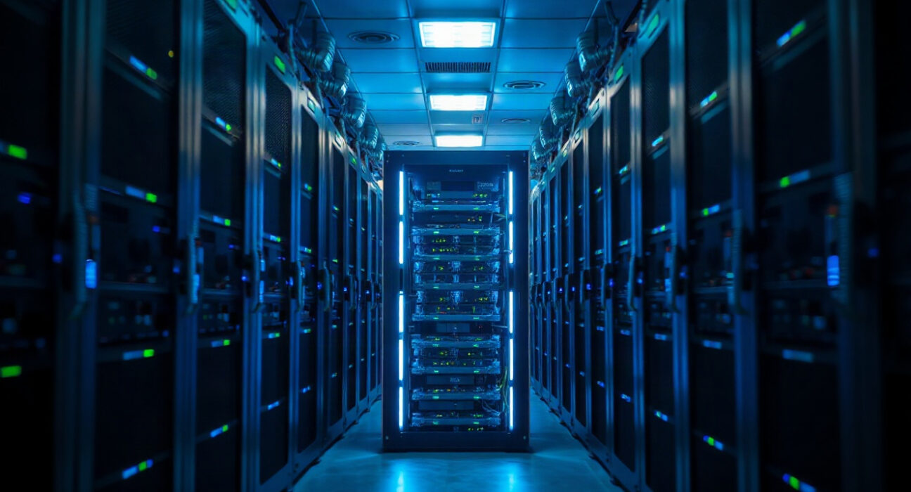 Rows of GPU servers in a modern data center with blue LED lighting