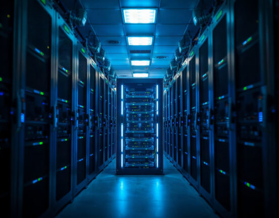 Rows of GPU servers in a modern data center with blue LED lighting