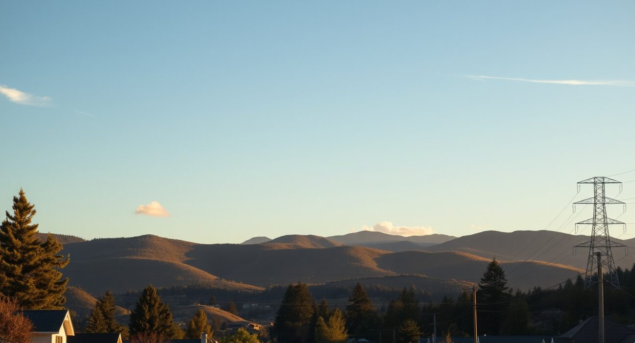 A serene vacation town in the Santa Cruz Mountains with power lines in the background during golden hour.